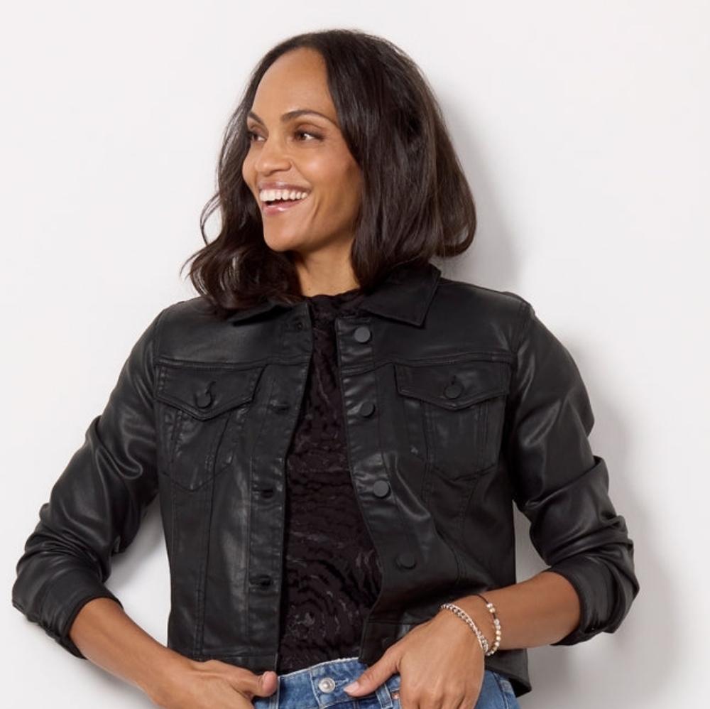 Kut From The Kloth Kara Black Cloated Raw Edge Cropped Jacket Size M
